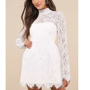 Lulus NWT Gorgeous Attraction White Sheer Lace Structured Long Sleeve Mini Dress